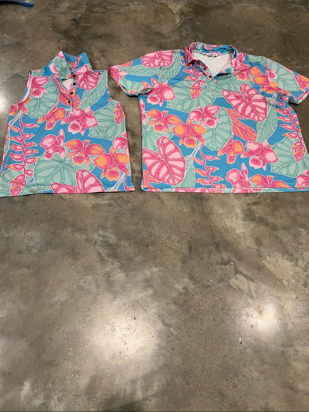 Kenny Flowers His & Hers Blue Polo with Pink Tropical Floral Print